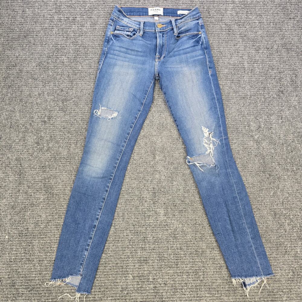 FRAME Le Skinny De Jeanne Jeans Womens 24 24x27 Blue Distressed Raw Hem